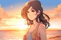 Solitude at Sunset: An Attractive Anime Woman at the Beach, Generative AI