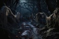 Shiny Pathway in Fairy Tale Styled Scary Forest of Nightmares, Generative AI