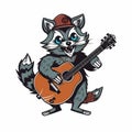 Cartoon Styled Raccoon Playing on Guitar, White Background, Generative AI