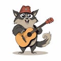 Cartoon Styled Raccoon Playing on Guitar, White Background, Generative AI