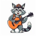 Cartoon Styled Raccoon Playing on Guitar, White Background, Generative AI