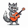 Cartoon Styled Raccoon Playing on Guitar, White Background, Generative AI