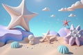 3D beach scene background with starfish and seashells. Plasticine clay dough illustration for kids Royalty Free Stock Photo