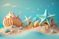 3D beach scene background with starfish and seashells. Plasticine clay dough illustration for kids Royalty Free Stock Photo