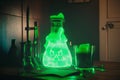 Doodle Style Simple Colorful Saint Patrick\'s Potion on Wooden Table, Green Neon Lights, Generative AI