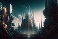 Glitching Citadel in the Center of a Virtual Reality City, Generative AI
