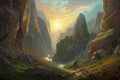 Wide Valley and Mountain Landscape, Brushstrokes, Generative AI