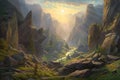 Wide Valley and Mountain Landscape, Brushstrokes, Generative AI