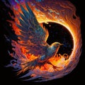 Phoenix Reborn: Fiery Wings Descending to Earth from Space, generative ai