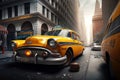 Small Yellow Classic Taxi in a Big City, futuristic style, generative ai