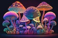 Psychedelic Decorative Mushrooms in Neon Colors, generative ai Royalty Free Stock Photo