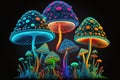 Psychedelic Decorative Mushrooms in Neon Colors, generative ai Royalty Free Stock Photo