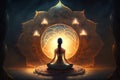 Young Woman Meditates in Front of Glowing Mandala in the Dark - Stock Illustration Generated by AI