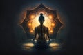 Young Woman Meditates in Front of Glowing Mandala in the Dark - Stock Illustration Generated by AI