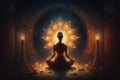 Young Woman Meditates in Front of Glowing Mandala in the Dark - Stock Illustration Generated by AI