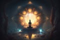 Young Woman Meditates in Front of Glowing Mandala in the Dark - Stock Illustration Generated by AI