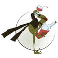 Stock illustration. Frog in a tuxedo, with a glass and bottle