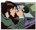 Man takes pictures from car window Stock illustration. Royalty Free Stock Photo