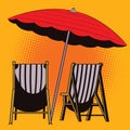 Stock illustration. Object in retro style pop art and vintage advertising. Parasol and deck chairs.