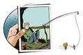 Funny fisherman with fishing rod. Stock illustration. Royalty Free Stock Photo