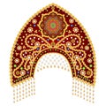 Illustration Russian national headdress kokoshnik with gold ornament and beads