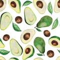 Stock illustration seamless pattern. watercolor drawing avocado, avocado leaves isolated on white background. hand drawing cute pi Royalty Free Stock Photo