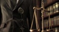 closeup of a lone lawyer standing against courtroom background