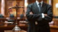 closeup of a lawyer standing solo with courtroom backdrop