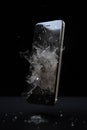 A shattered mobile device - falling - broken - crushed - explosion - damaged - generic model - shards of broken screen