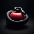 forbidden fruit. Apple and serpent, snake coiled around a red apple. Theology, mythology, philosophy. Expulsion, The Fall