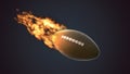 American football flying rugby ball with fire flames