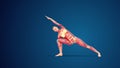 3D human Utthita Parsvakonasana or Extended Side Angle yoga pose on blue background