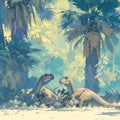 Prehistoric Palms: A Soothing Scene of Allosaurs in a Lush Environment Royalty Free Stock Photo