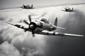 WWII Airplane In Flight. War, Battle, Clouds, Vintage, Retro, Black And White. Aerial Reconnaissance, Airfields