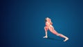 3D human Parivrtta Baddha Parsvakonasana or Revolved Side Angle yoga pose on blue background