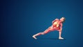 3D human Parivrtta Baddha Parsvakonasana or Revolved Side Angle yoga pose on blue background Royalty Free Stock Photo