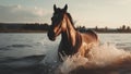 Bay Horse\'s Water Dance at Sunset. Nature\'s Symphony, Equine Power, River Adventure, Wild and Free, Serenity in Motion