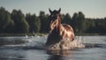 Bay Horse Splashing in Water. Equine Strength, River Run, Wild Freedom, Nature\'s Elegance, Serene Environment