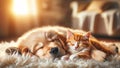 Cute Animal Friends: Fluffy Golden Puppy and Sleepy Ginger Kitten Cuddling Peacefully