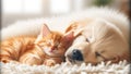 Puppy and Kitten Love: Tranquil Afternoon Nap with a Golden Retriever and a Tabby Cat