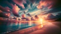 Crimson Twilight: Breathtaking Beach Sunset with Reflective Shores Royalty Free Stock Photo