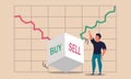 Stock invest and sell or buy betting dice. Choice exchange and risk uncertainty diagram vector illustration concept. Global