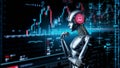 Stock investment with AI, robot stands in front of a screen with stock prices, thinks about stock performance Royalty Free Stock Photo