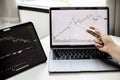 A stock investor holding a pen pointing to a laptop screen opens a stock chart program to read stock price charts. Royalty Free Stock Photo