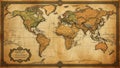 Antique-style world map featuring continents colored in earthy tonesâgreen, brown, and yellow. Royalty Free Stock Photo