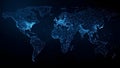 A digital world map highlighting continents with interconnected blue lines and points on a dark background Royalty Free Stock Photo