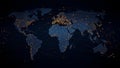 Map of the world displaying interconnected networks, highlighting continents with illuminated nodes Royalty Free Stock Photo