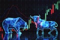 Stock market battle between bear and bull in blue. Royalty Free Stock Photo