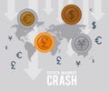 Stock market crash with coins and earth maps