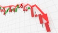 Stock market crash and panic, financial losses, economic recession concept. Red arrow over candlesticks chart. Digital 3D render.